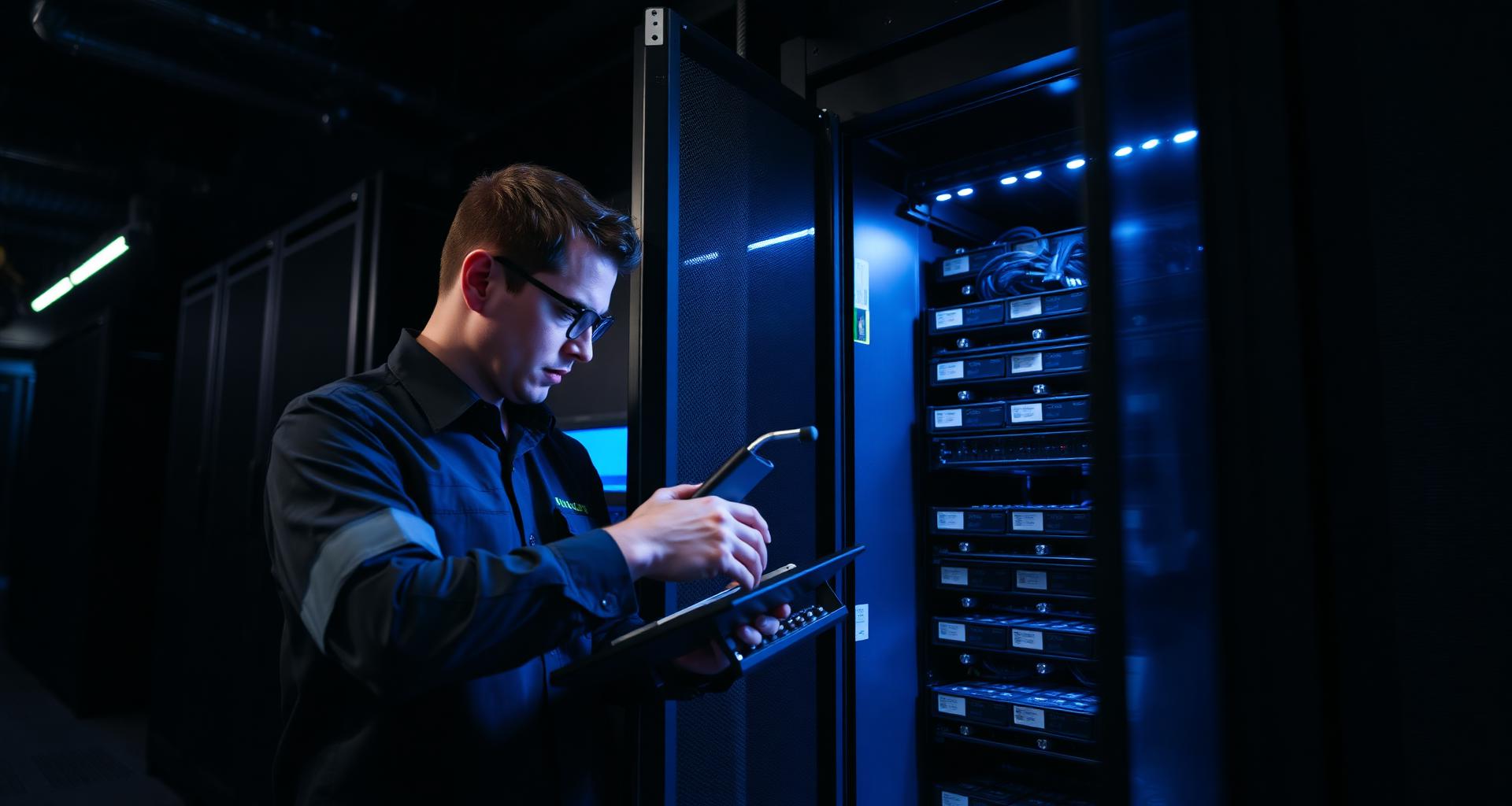 Technician performing UPS preventive maintenance